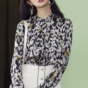 Black gold silver floral print button down